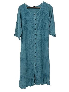 Blue Embroidered Midi Dress Boho Cottagecore Festival Button Western